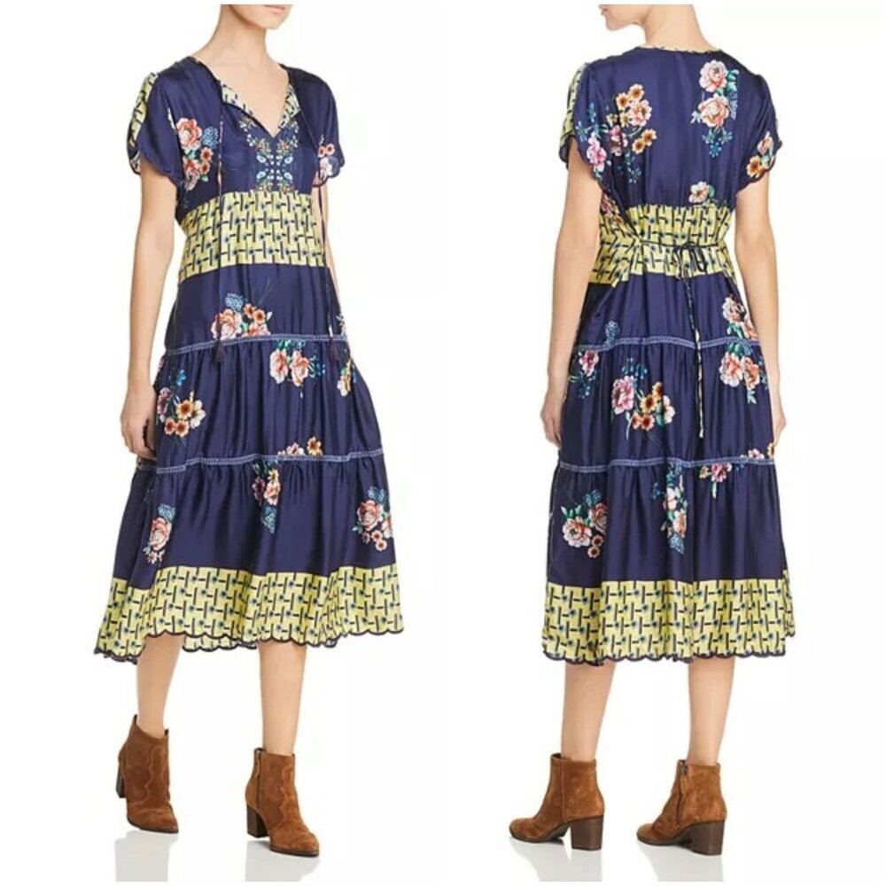 Johnny Was Navy Blue Zakina Tiered Silk Midi Dress